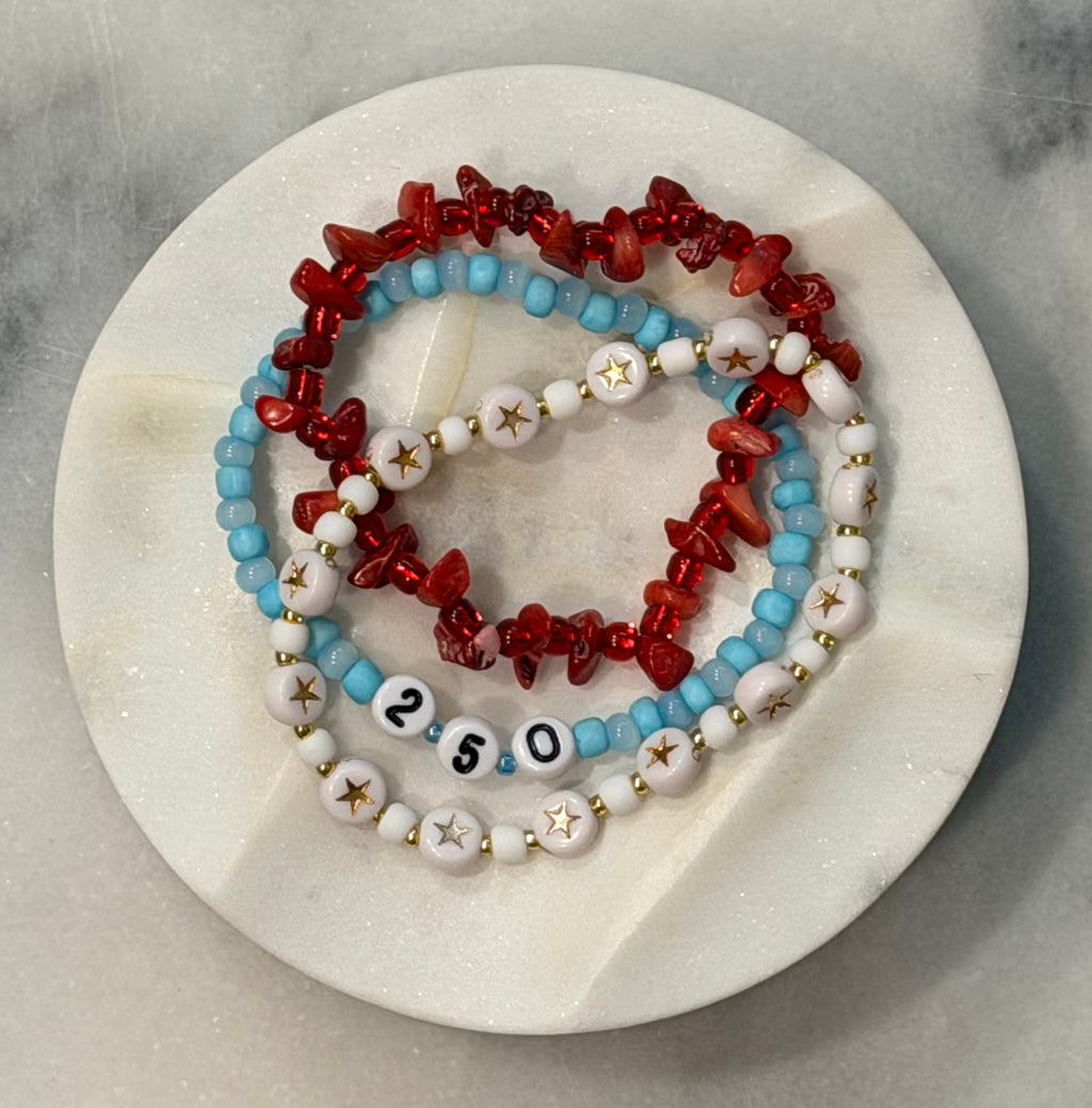 Americana Collection, 250 Anniversary, Three strand bracelet set- red, white, and blue with gold stars and numbers 250, Amelia Heir Art
