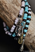 Adventure handcrafted wood, light blue, & purple beaded bracelet set with telescope, lantern & rope charms on a wooden surface — Amelia Heir Art
