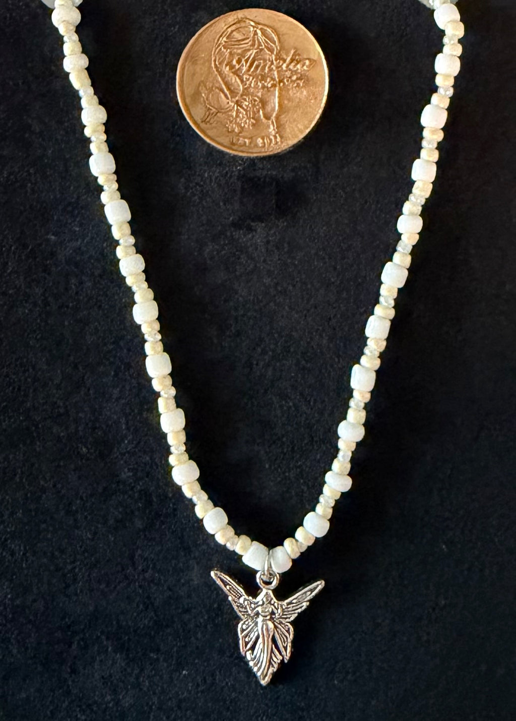 Angel handcrafted white & silver beaded necklace with angel charm — Amelia Heir Art