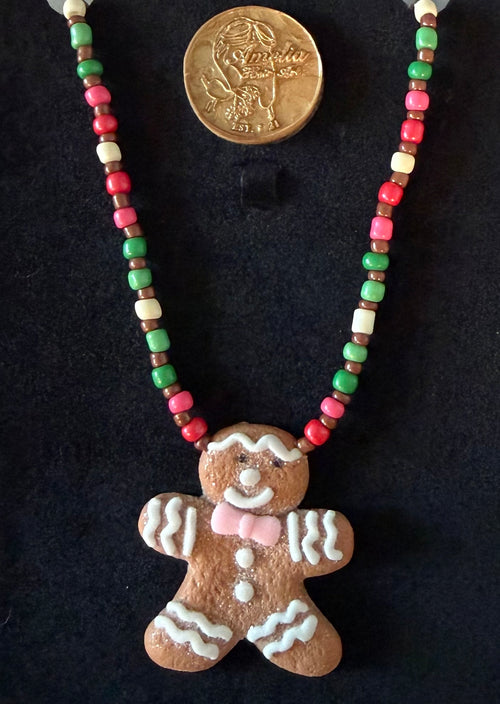 Can't Catch Me handcrafted red, pink, green, white & brown Christmas beaded necklace with gingerbread man pendant — Amelia Heir Art