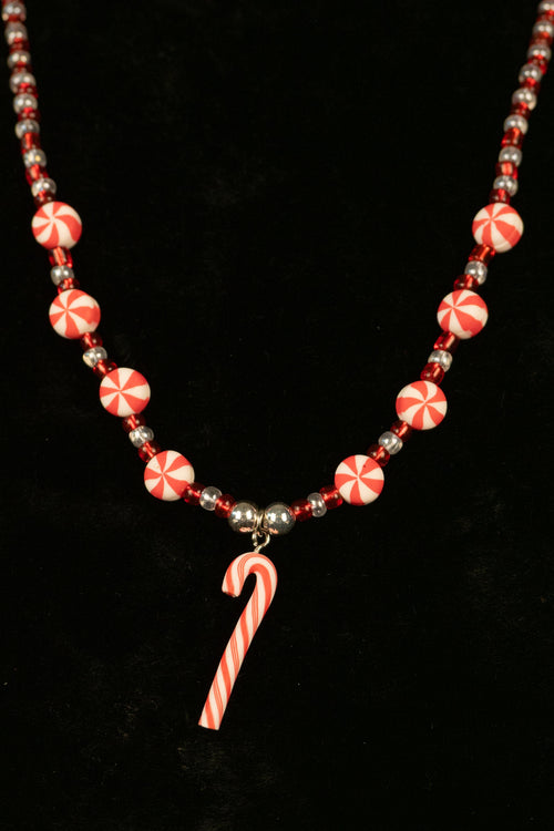 Candy cane charm beaded necklace in red and white — Candy by Amelia Heir Art
