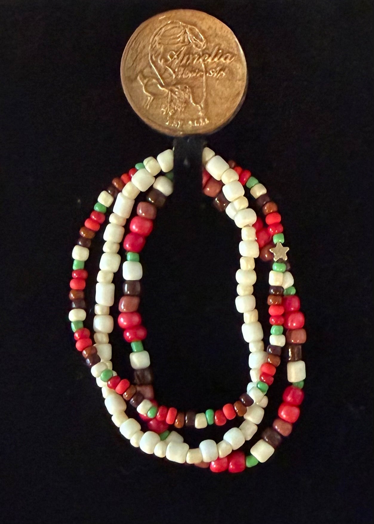 Estella handcrafted white, cream, green, red, pink & brown Christmas beaded bracelet set with gold star bead — Amelia Heir Art