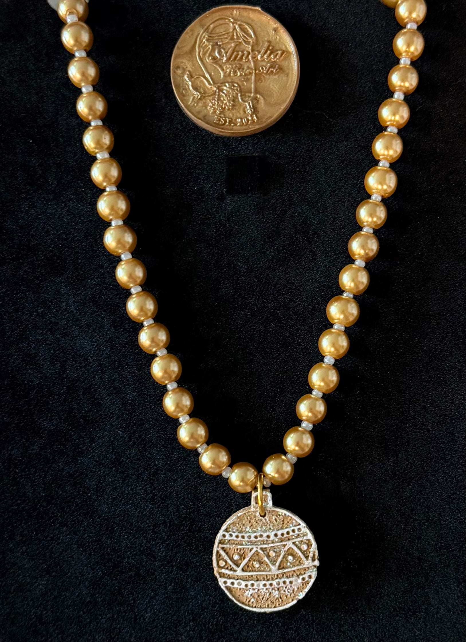 Felix gingerbread bulb ornament pendant necklace with gold pearl and white glass beads — handmade Christmas jewelry by Amelia Heir Art Designs