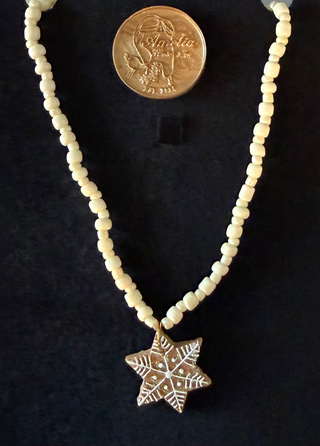 Flurry handcrafted white & cream glass beaded necklace with gingerbread snowflake pendant — Amelia Heir Art