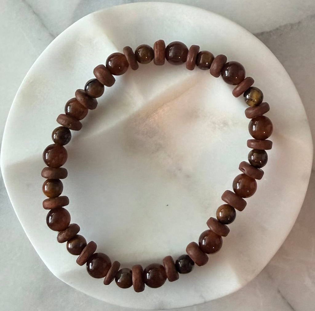 Kelly beaded bracelet, tiger eye, dyed coconut shell, and glass Amelia Heir Art 