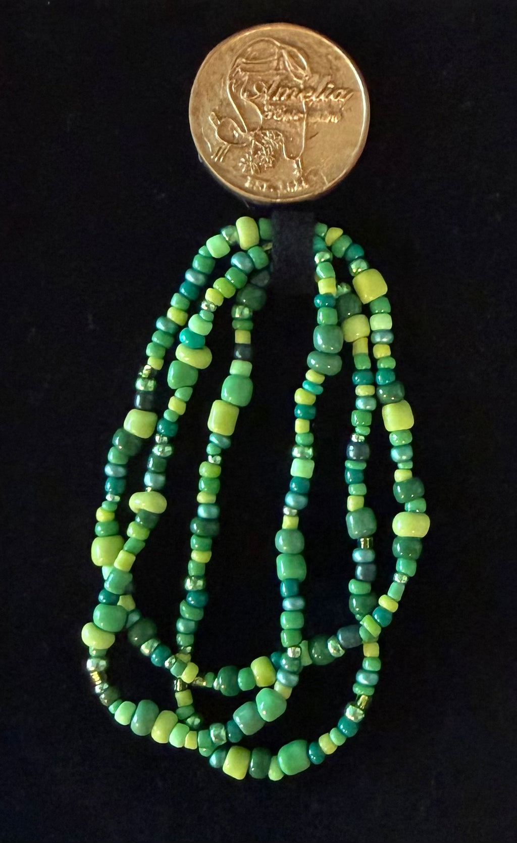 Luckier green beaded bracelet set in light, dark, and true green beads — handmade jewelry by Amelia Heir Art Designs