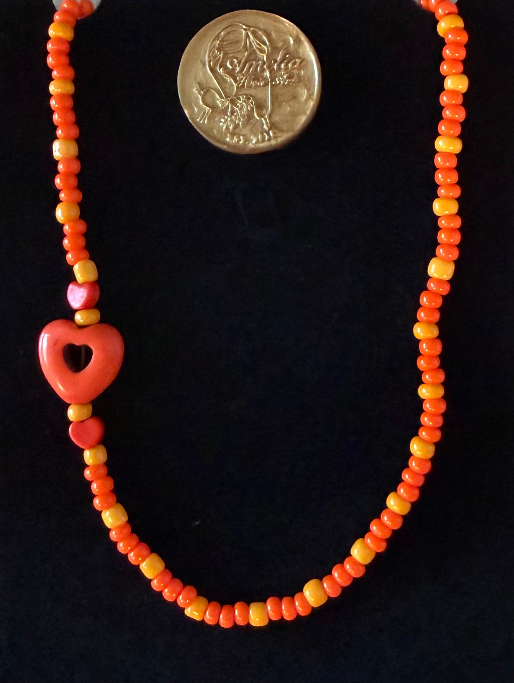 Morgan heart bead necklace with three hearts in a bright cheerful palette — handmade jewelry by Amelia Heir Art Design