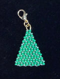 Christmas Pine handmade zipper pull by Amelia Heir Art, featuring green and metallic green beads in a pine tree shape with a lobster clasp.
