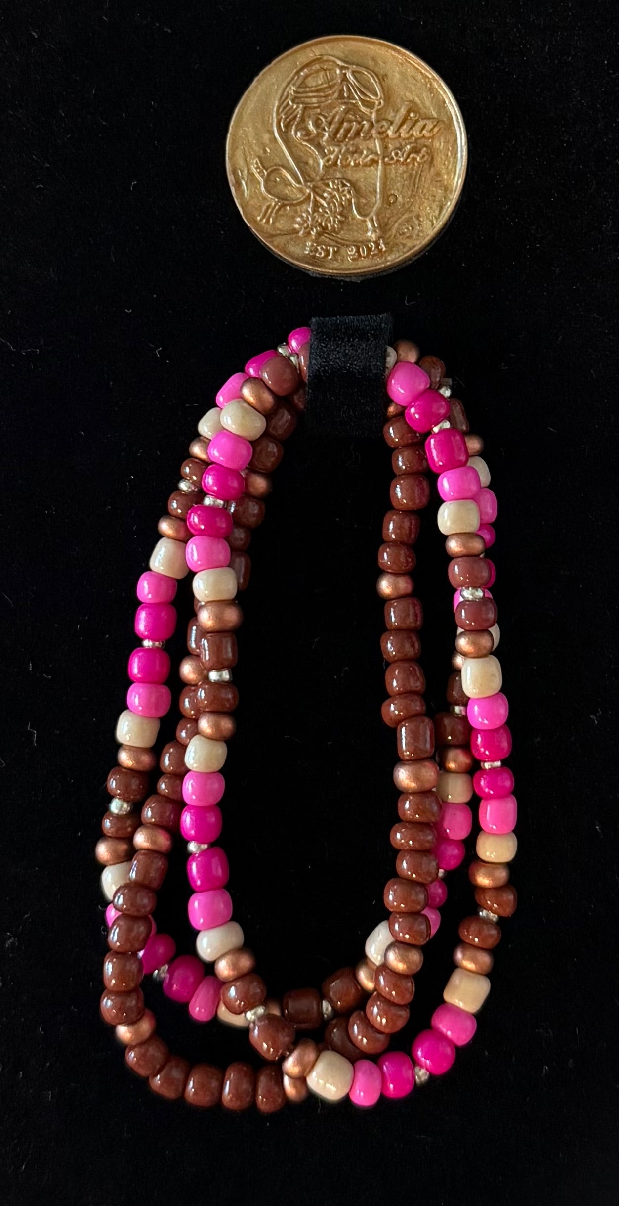 Savannah beaded bracelet set in brown, tan, copper, silver, light pink, and bright pink beads — handmade jewelry by Amelia Heir Art Designs