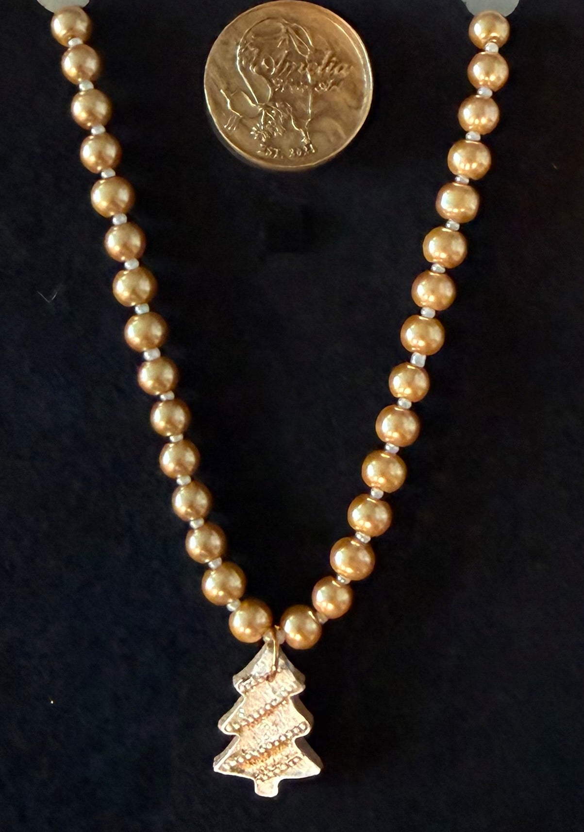 Sign of the Season handcrafted gold pearl & white glass beaded necklace with gingerbread Christmas tree pendant — Amelia Heir Art