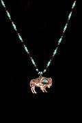 Necklace with a bison pendant and turquoise beads on a black background